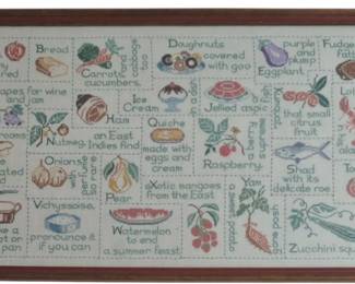 623 - Framed Needlework Gourmet Alphabet Sampler (Description): Vintage Paragon cross stitch kit of food  items in alphabet form. Size 20 x 32.