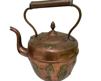 1027 - Copper/Brass Tea Kettle - 11 x 11 x 8