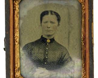 197 - Ninth Plate Tintype 2.5"x2" (Description): A ninth plate tintype portrait photograph.  The piece measures 2 1/2 inches by 2 inches.
