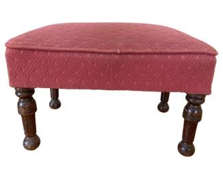 1379 - Vintage Upholstered Footstool 11"x19"x13" (Description): Featuring turned wooden legs with ball feet.  The piece is covered in a textured fabric.