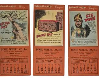 3790 - 3 1938 Ripley's Advertising Pamphlet Calendar (Description): Three vintage 1938 Ripley's Believe It or Not  promotional calendar pamphlets from Dixie  Wheel Co., Inc. of Richmond, VA. Each  calendar features distinctive orange and  black illustrations depicting unusual facts, including "Hitching Post of the New World"  (October), "The Bloodiest Spot on Earth"  (January), and "525 Women" (February).  Measuring 9" x 4".