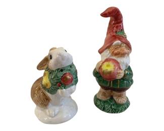 370 - Fitz & Floyd Gnome & Bunny Shakers 5" (Description): Ceramic salt and pepper shakers featuring a  gnome and bunny design. Each shaker measures  5 inches in height.
