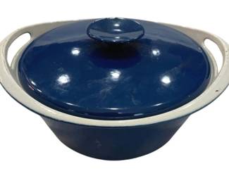 902 - Nacco Cast Iron Dutch Oven 4"x11" (Description): Featuring a deep blue enamel finish with  contrasting white or cream-colored handles  and rim. The lidded vessel includes a round  knob finial on the lid and dual loop handles  for easy carrying. Measures 4 inches tall by 11 inches in diameter.