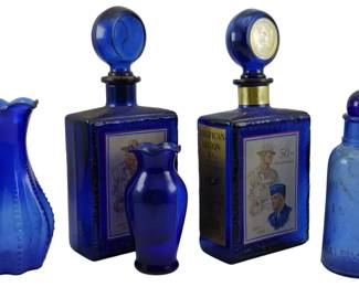 1890 - 5 Assorted Blue Glass Items (Description): A collection of five assorted blue glass  items featuring various decorative pieces in  shades of cobalt and light blue glass.