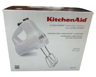 663 - Kitchen Aid Ultra Power Hand Mixer (Description): KitchenAid hand mixer. This Ultra Power model  features 5 speeds and includes stainless  steel turbo beater accessories. Used as is electric/electronic/mechanical  item. No guarantee all components, untested.