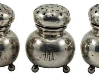732 - 3 Hartford Sterling Shakers 2" 2.33oz (Description): Three Hartford sterling silver shakers, each  standing on ball feet and featuring a  monogrammed body. The shakers measure 2  inches in height with a combined weight of  2.33 ounces.