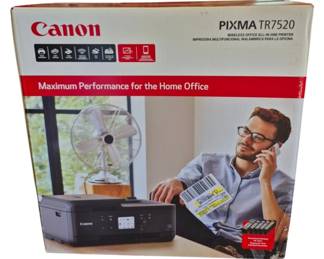 2826 - Canon PIXMA TR7520 All-in-One Printer (Description): Canon PIXMA TR7520 wireless office all-in-one  printer in box. This multifunction printer  offers maximum performance for the home  office with capabilities including printing,  scanning, copying, and faxing. Features wireless connectivity and is compatible with  mobile devices. Used as is electric/electronic/mechanical  item. No guarantee all components, untested.