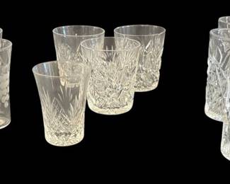 474 - 16 Small Glass Tumblers 3.5" (Description): Collection of sixteen small glass tumblers  featuring various cut and etched patterns.