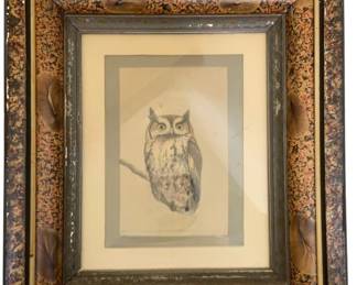 1004 - Framed Owl Print - Signed - 15 x 12