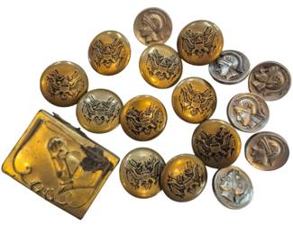 1464 - Assorted Vintage US Military Buttons (Description): The collection includes various brass buttons  featuring the "Great Seal" eagle design and  silver-toned buttons with a helmeted profile,  likely representing different eras or ranks.