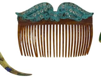 1731 - 3 Vintage Haircombs (Description): A collection of three vintage haircombs  featuring varied decorative styles and  materials.