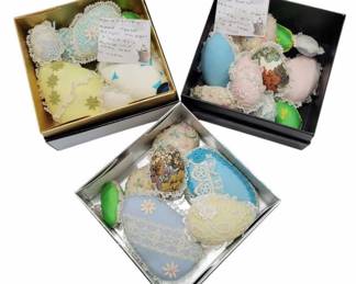 680 - Assortment Handmade Easter Eggs (Description): A collection of handmade decorative eggs.  These charming handcrafted eggs feature  various fabric coverings and embellishments.