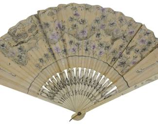 1715 - Vintage Oriental Fan 9"x15" (Description): Vintage Oriental fan featuring decorative  floral and figural designs. Measures 9 inches  by 15 inches.