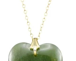 1953 - 14k Gold & Jade Heart Necklace (Description): A 14k gold necklace featuring a jade heart  pendant. Total weight is 0.14 ounces.