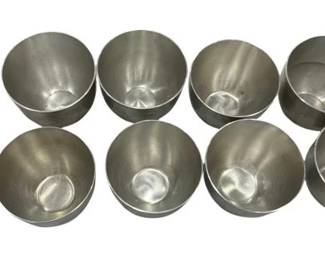 1230 - 10 Pewter Jefferson Cups (Description): The cups display a metallic silver-toned  finish with a brushed appearance. Each cup  has a simple, modern cylindrical form  suitable for various uses.