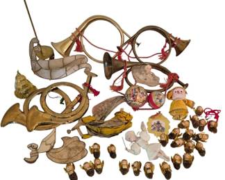 4071 - Group of Vintage Christmas Ornaments (Description): A charming collection of vintage Christmas  ornaments featuring brass French horn  decorations with red tassels, capiz shell  ornaments in boat and bird shapes, pinecone  angel figurines with porcelain faces, decorative balls with Victorian-style  illustrations, a white porcelain angel  figure, and various other holiday  decorations. The assortment includes both  traditional and whimsical pieces suitable for