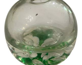 2767 - Murano Paperweight Vase (Description): Murano paperweight vase featuring the  distinctive art glass techniques  characteristic of Murano glassmaking. This  piece combines the decorative appeal of a  paperweight with the functional form of a vase.