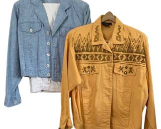 2025 - 2 Denim Jackets & more (Description): Peach Colored Jacket, size 12 by Carole  Little Denim Jacket & White Jeans, size 8 by LizWare