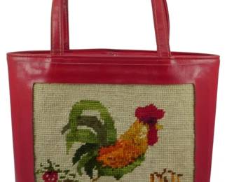 1789 - Lily Bet Filbert Needlepoint Rooster Tote (Description): Vintage Lily Bet Filbert Imports needlepoint  rooster tote bag. Features a decorative  needlepoint panel with a rooster design on  the front. Measures 10 inches by 11 inches by  3 inches.