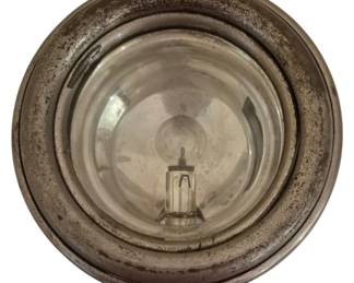3782 - Vtg Round Rustic Car Headlight Lamp (Description): Vintage round car headlight with rustic  patina and weathered finish. Features a glass  dome lens with visible bulb housing inside a  circular metal frame. The piece shows  authentic age-related wear and oxidation. Signed COLE. Measures 6.25" x 4". Used as is electric/electronic/mechanical  item. No guarantee all components, untested.