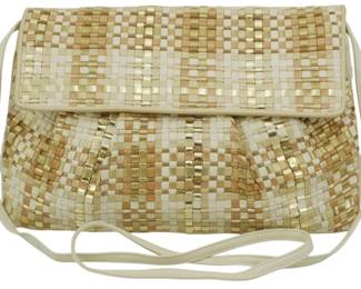 1813 - Vtg Sharif Woven Handbag 8"x12"x3" (Description): Vintage Sharif woven handbag featuring a  distinctive woven pattern. The bag has a  foldover flap closure and thin shoulder  straps. Measures 8 inches wide by 12 inches  long by 3 inches deep.