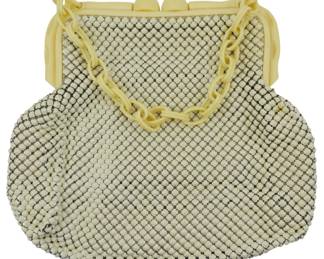 1963 - Vtg Whiting & Davis Celluloid Purse (Description): Vintage Whiting & Davis celluloid purse  featuring a beaded mesh body with celluloid  frame and chain handle. Measures 9 inches by  10 inches.