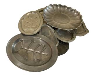 1685 - Assorted Metal & Pewter Items (Description): Including various serving pieces, platters,  and decorative tableware in different shapes  and styles.