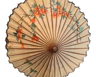 1324 - Oriental Bamboo Parasol Umbrella 23" (Description): Oriental umbrella featuring a bamboo frame  with natural wood handle. The parasol has a  traditional construction with numerous bamboo  ribs and appears to have decorative cloth  panels in muted tones.
