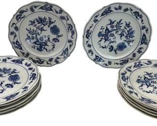 1247 - 12 Blue Danube Blue Onion 6.5" B & B Plates (Description): Each decorated with traditional floral motifs  including stylized onion bulbs, flowers, and  foliage in cobalt blue on white porcelain.  The plates feature scalloped edges with  decorative blue trim.