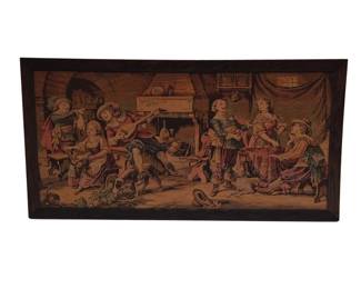 3704 - Vtg Framed Tapestry Tavern Scene 21"x39" (Description): Vintage framed tapestry depicting a lively  tavern scene with figures in 18th century  period dress. The scene shows musicians,  revelers, and a dog gathered around a  fireplace in warm earthy tones of burgundy, gold, and muted greens. Set in a dark wood  frame.