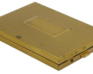 1761 - Vintage Photo Reel Compact 2"x2.5" (Description): Vintage photo reel compact featuring a  gold-tone finish with a rectangular cartouche  on the lid. The compact measures 2 inches by  2.5 inches.