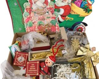 365 - Box Lot of Christmas Items & Ornaments (Description): A box lot of assorted Christmas items and  ornaments. The collection includes various  holiday decorations and seasonal pieces.