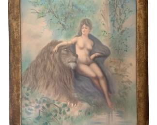 1356 - Antique Pastel Nude Woman w/ Lion Framed (Description): Antique pastel artwork depicting a nude woman  seated beside a lion in a pastoral landscape  setting. The piece features soft, romantic  coloring with delicate blues, greens, and  earth tones typical of late 19th to early 20th century salon art. Presented in an  ornate gilt frame with embossed decorative  pattern and rounded corners. Measures 19" x  23".
