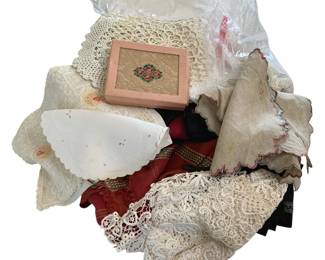 1368 - Lot of Lace & Doilies w/ Framed Piece (Description): The assortment includes various styles and  patterns of delicate lacework and decorative  doilies.