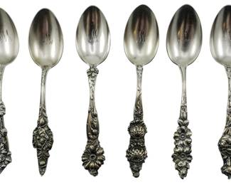 70 - Alvin Corporation Set of 6 Sterling Spoons (Description): A set of six sterling silver spoons by Alvin  Corporation. Each spoon features an ornate  floral handle design with monogrammed bowls.  Total weight is 4.5 ounces.