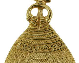 1925 - Gold Plated Reunion des Musees Brooch (Description): Gold plated brooch by Reunion des Musees  Nationaux. This decorative piece features a  figural design inspired by historical  artifacts from museum collections.