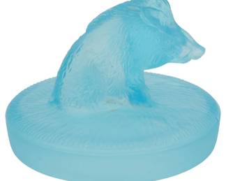 1870 - Art Deco Frosted Glass Humidor Lid 4" (Description): Art Deco frosted glass humidor lid featuring  a figural bear design. The piece measures 4  inches in diameter.