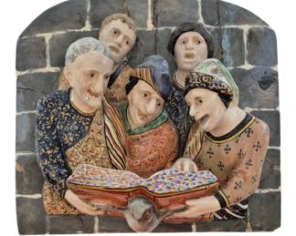 630 - Ceramic Relief Sculpture of Medieval Figures (Description): Plaque has been repaired in several places,  measuring 16 inches by 18 inches.