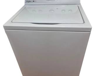 2821 - Whirlpool Top Load Washing Machine (Description): Whirlpool top load washing machine in white.  This unit features multiple wash cycle  options with rotary dial controls for soil  level, wash temp, and water level settings.  The machine includes various cycle selections and a hinged top lid for loading. Measures  45 inches tall by 27 inches wide by 25 inches  deep. Used as is electric/electronic/mechanical  item. No guarantee all components, untested.