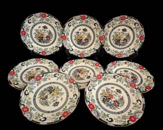 490 - 8 Coalport Kings Ware Canton Plates 8.5" (Description): Set of eight Coalport Kings Ware Canton  plates in a Chinoiserie pattern measuring 8.5  inches in diameter. Each plate features a  central medallion with a pagoda scene  surrounded by floral arrangements in polychrome enamels including red, yellow,  blue, and green. The border displays a Greek  key pattern with alternating floral and  geometric motifs. The scalloped edges are  accented with gilt trim. Victorian-era
