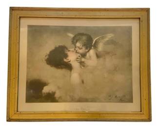 1169 - Loves Dream Art Print 22.5"x18.5" (Description): Loves Dream art print featuring a romantic  scene. The piece is presented in a gilt  frame.