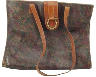 1811 - Vtg Furla Paisley Printed Leather Tote (Description): Vintage Furla paisley printed leather tote  bag featuring tan leather straps and a  gold-tone horseshoe clasp closure. Measures  12 inches by 15 inches by 5 inches.