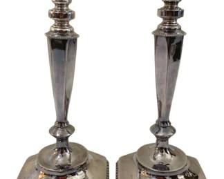 330 - Quadruple Plate Candle Holders w/Inserts 12" (Description): Pair of quadruple plate silver candle holders  with wax inserts. The candlesticks feature  elegant tapered stems and decorative beaded  trim details. Measures 12 inches tall.