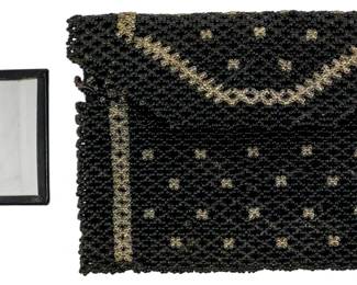 159 - Vtg Beaded Handbag w/ Mirror Czechoslovakia (Description): Vintage beaded handbag with mirror, made in  Czechoslovakia. The bag measures 4 inches by  5.5 inches.