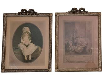 3788 - Pr Vtg Ornate Gilt Frames w/ Ribbon Tops (Description): Pair of vintage ornate gilt frames featuring  decorative ribbon bow tops and scrollwork  corner details. Each frame measures 19 inches  by 13.5 inches. The frames contain prints,  one a colorized portrait of a young girl in period dress, the other a black and white  engraving depicting a classical interior  scene. Both frames share matching ornamental  styling with aged gilt finish.