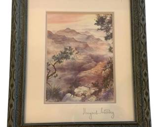 1162 - Margaret Critchley Signed Artwork in Frame (Description): Landscape painting signed by artist,  presented in an ornate frame with carved  detailing. Measures 11.5 inches by 9.5  inches.