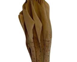 1326 - Vtg Parasol w/ Wood Handle & Tan Fabric (Description): Vintage parasol featuring a wooden handle and  tan fabric canopy with decorative floral or  dotted pattern along the lower edge. The  parasol has a metal tip at the base and  traditional spoke construction. Measures 25.5".