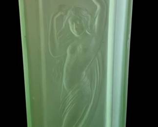 408 - Tiffin Art Deco Satin Nude Uranium Vase 9.5" (Description): Frosted green glass vase featuring elegant  Art Deco style relief decoration depicting a  dancing female figure. The vase has a  rectangular form with beveled corners.  Measures 9.5 inches tall.