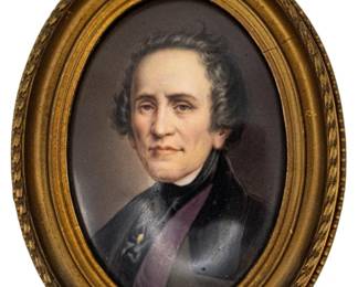 845 - Miniature Portrait Painted on Porcelain (Description): A miniature portrait painted on porcelain,  presented in an oval gilt frame with  decorative rope-twist border and hanging  loop. Measures 7 inches by 5 inches.