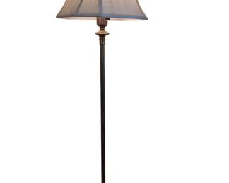 308 - Vintage Brass & Metal Floor Lamp w/ Shade 62" (Description): Vintage floor lamp featuring a brass and  metal construction with a reeded column  design. The lamp sits on a decorative base  with ornate detailing and is topped with a  cream fabric bell-shaped shade with pleated panels. Measures 62 inches in height. Used as is electric/electronic/mechanical  item. No guarantee all components, untested.